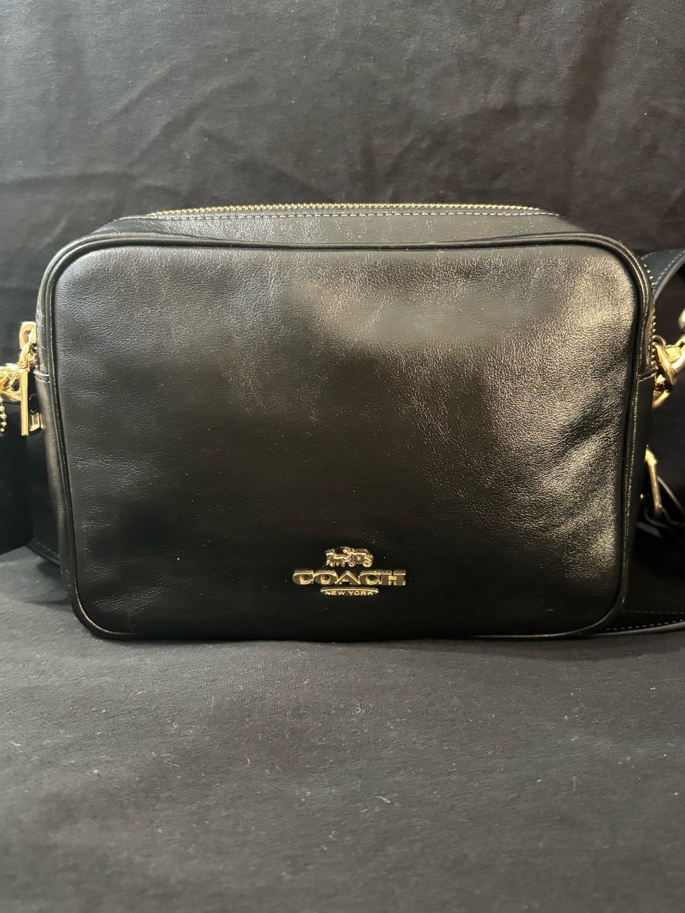 Coach Black Leather Camera Crossbody with Gold Hardware